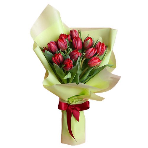 Фото товара 15 червоних тюльпанів у зеленій упаковці у Львові