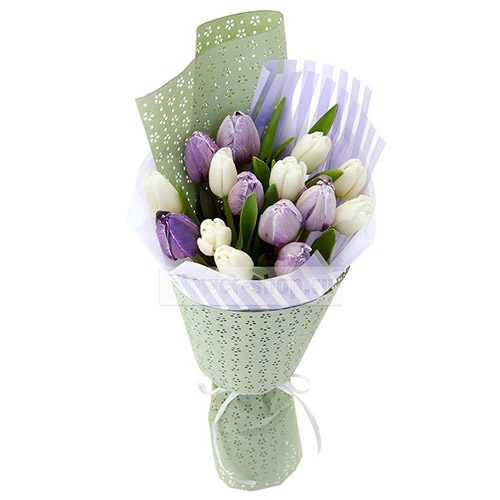 Фото товара 15 біло-фіолетових тюльпанів у Львові
