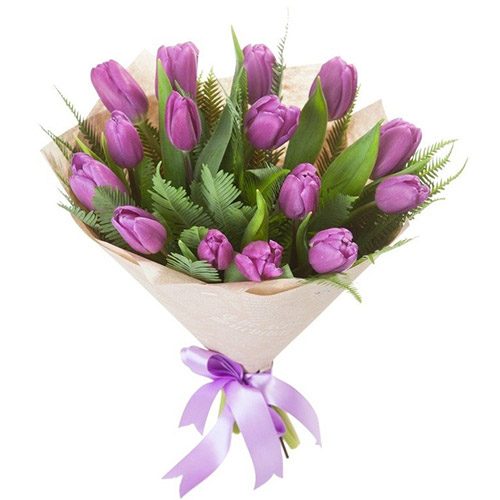 Фото товара 15 фіолетових тюльпанів з декором у Львові