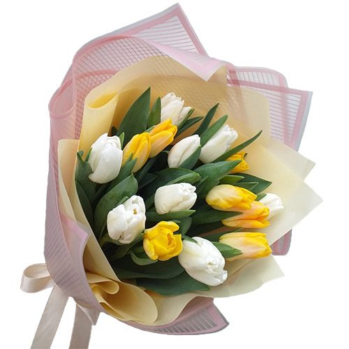 Фото товара 15 біло-жовтих тюльпанів у Львові