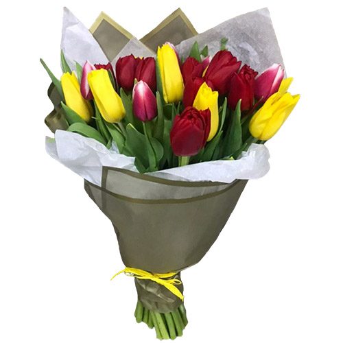 Фото товара 21 червоно-жовтий тюльпан у подвійному пакуванні у Львові