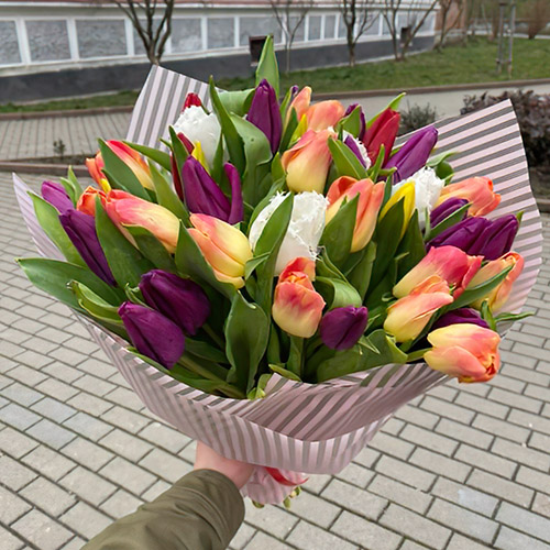 букет різконокольорових тюльпанів
